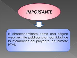 IMPORTANTEEl almacenamiento como una página web permite publicar gran cantidad de la información del proyecto  en formato HTML.