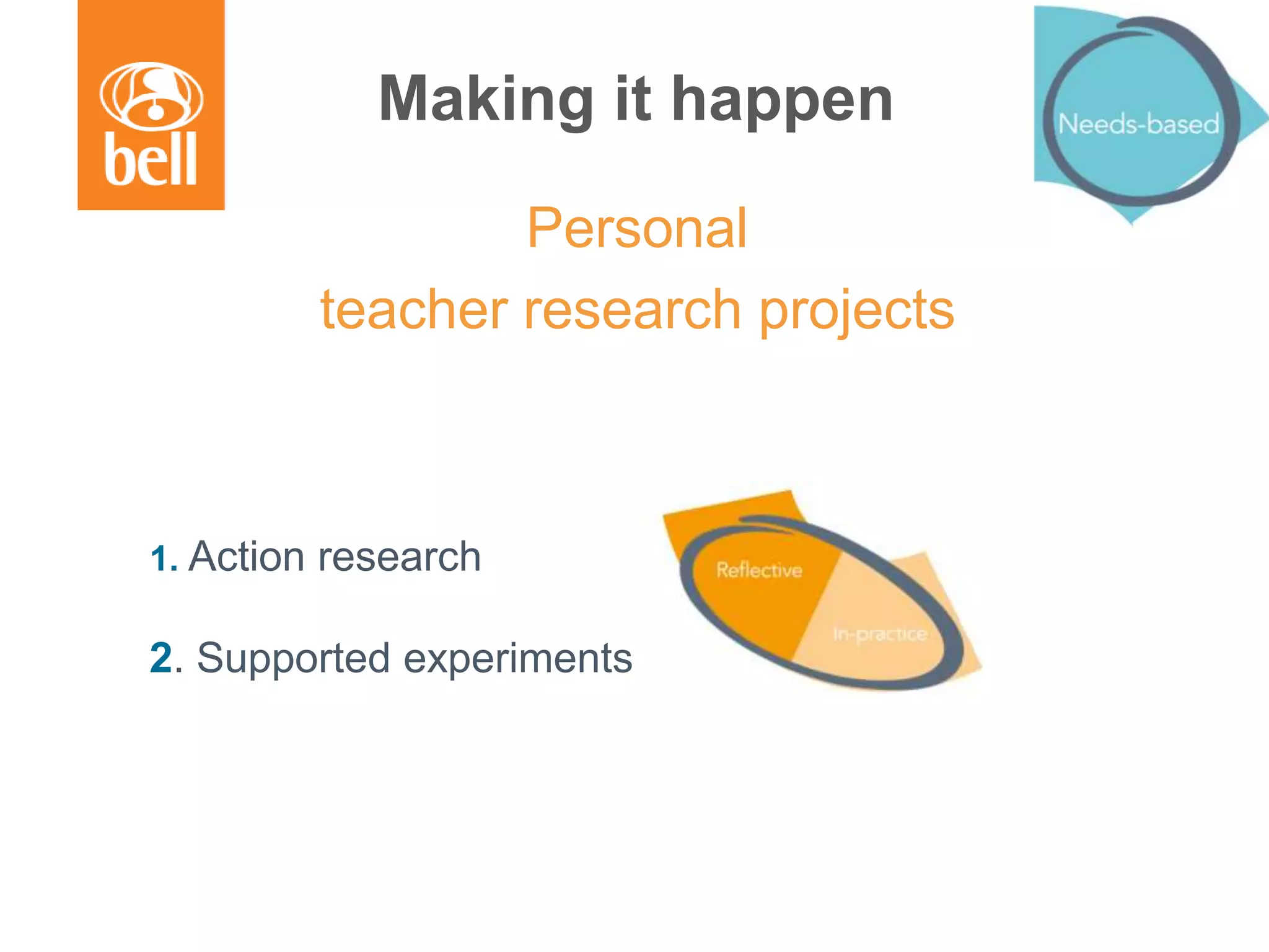 Personal
teacher research projects
Making it happen
1. Action research
2. Supported experiments
 