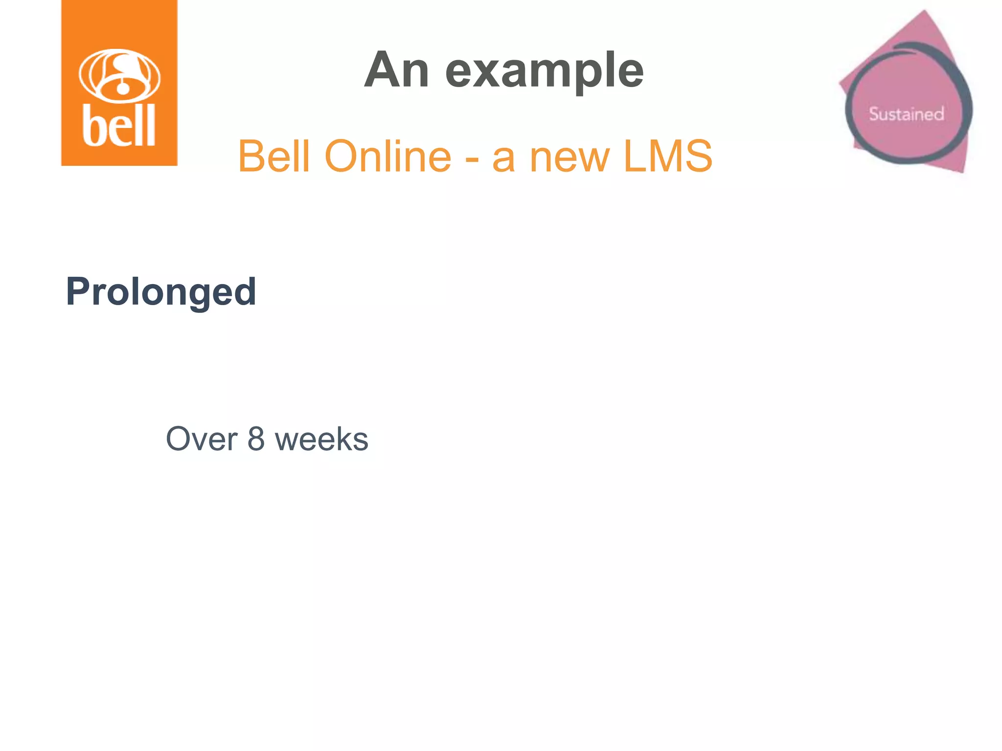 An example
Prolonged
Over 8 weeks
Bell Online - a new LMS
 