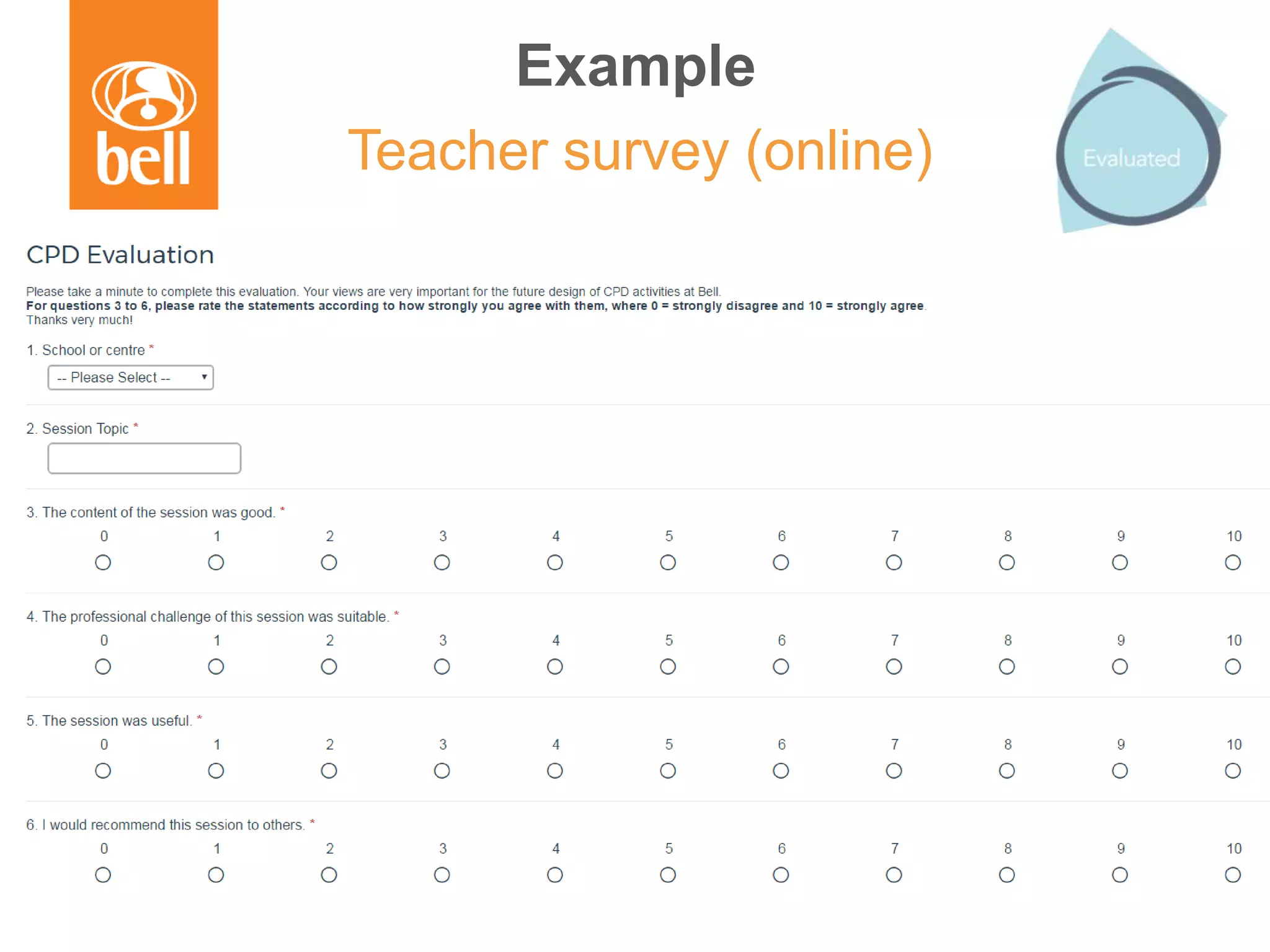 Example
Teacher survey (online)
 