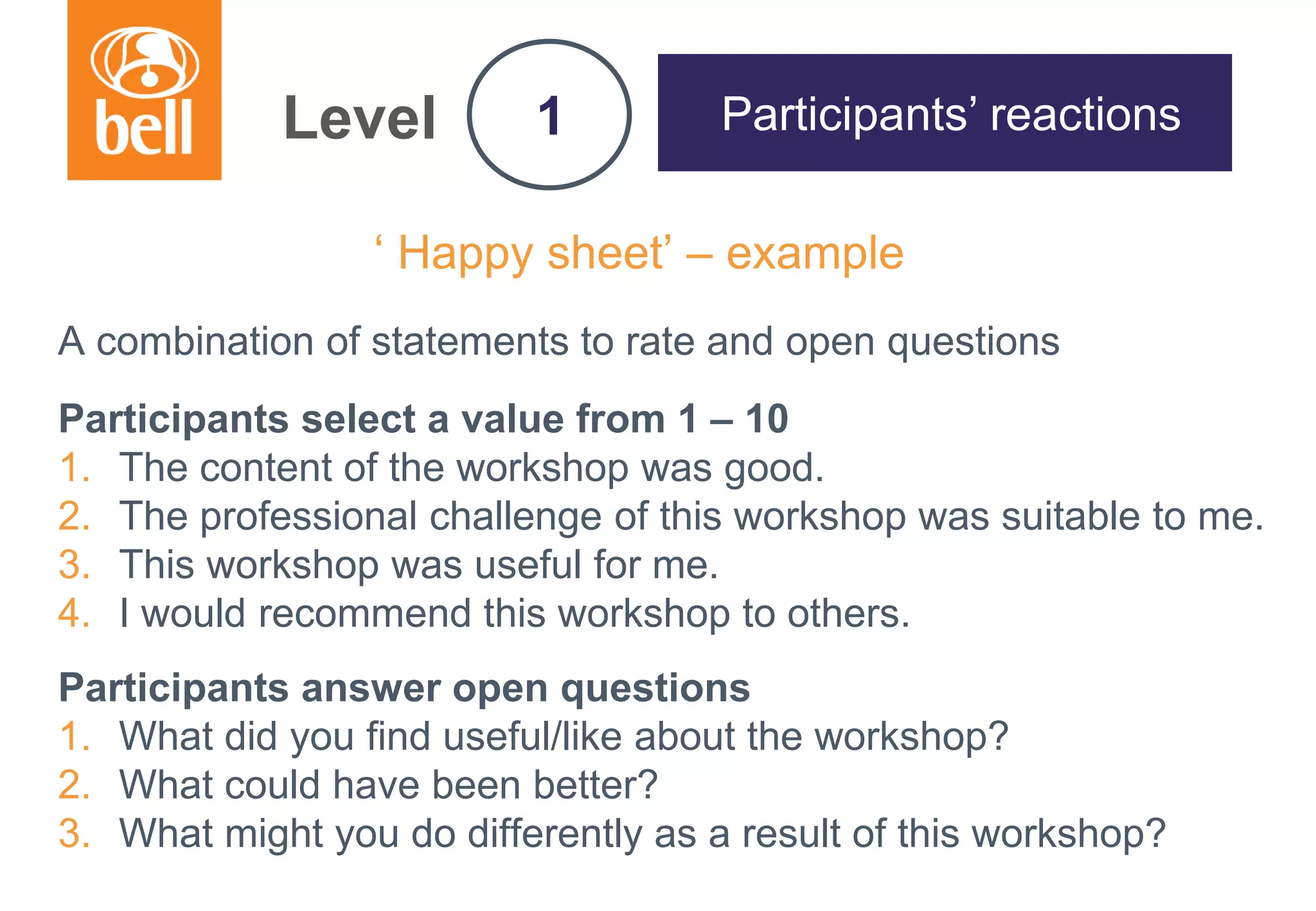 A learning partner throughout your career
Level
‘ Happy sheet’ – example
A combination of statements to rate and open questions
Participants select a value from 1 – 10
1. The content of the workshop was good.
2. The professional challenge of this workshop was suitable to me.
3. This workshop was useful for me.
4. I would recommend this workshop to others.
Participants answer open questions
1. What did you find useful/like about the workshop?
2. What could have been better?
3. What might you do differently as a result of this workshop?
1 Participants’ reactions
 