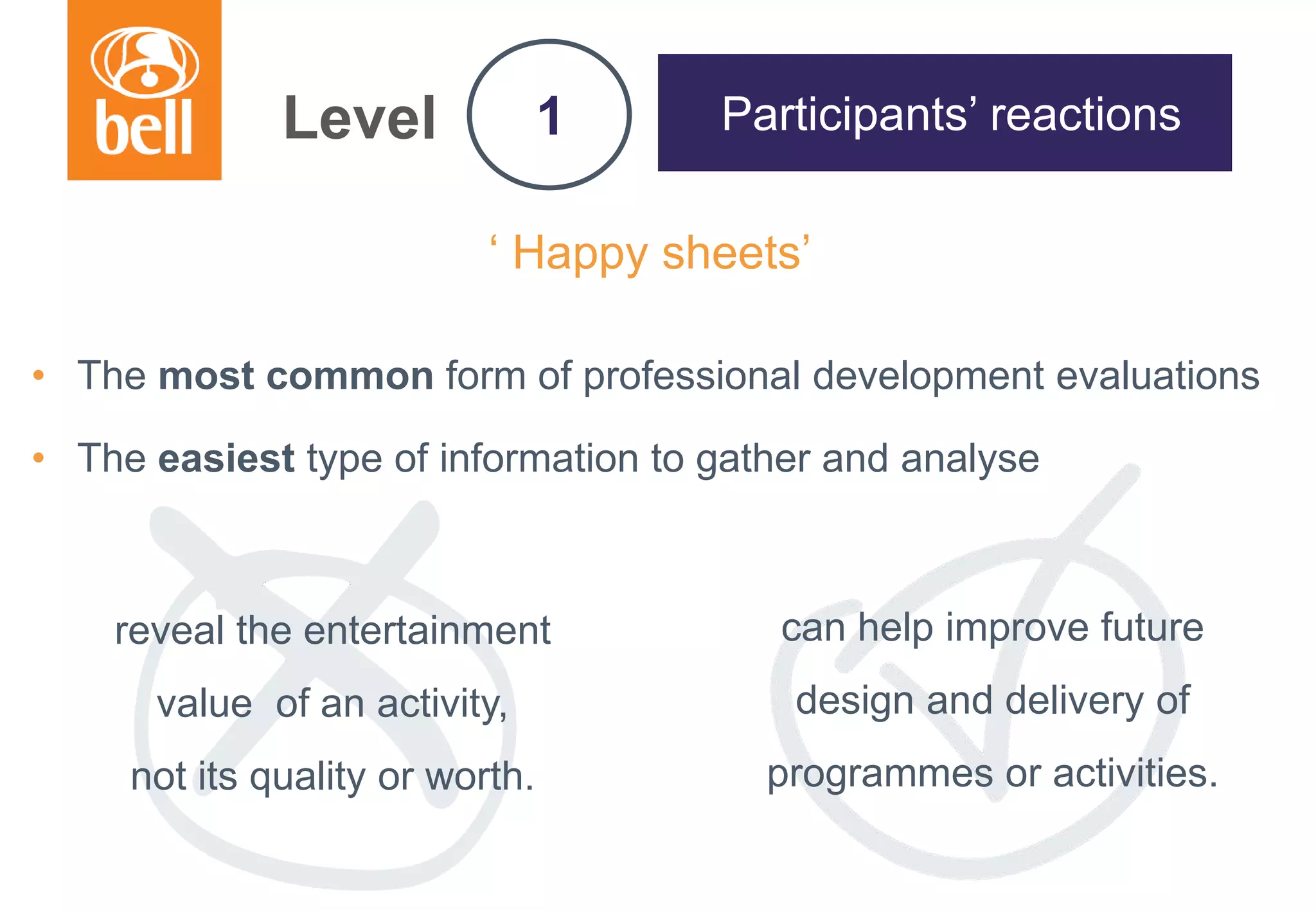 A learning partner throughout your career
Level
‘ Happy sheets’
• The most common form of professional development evaluations
• The easiest type of information to gather and analyse
1 Participants’ reactions
reveal the entertainment
value of an activity,
not its quality or worth.
can help improve future
design and delivery of
programmes or activities.
 