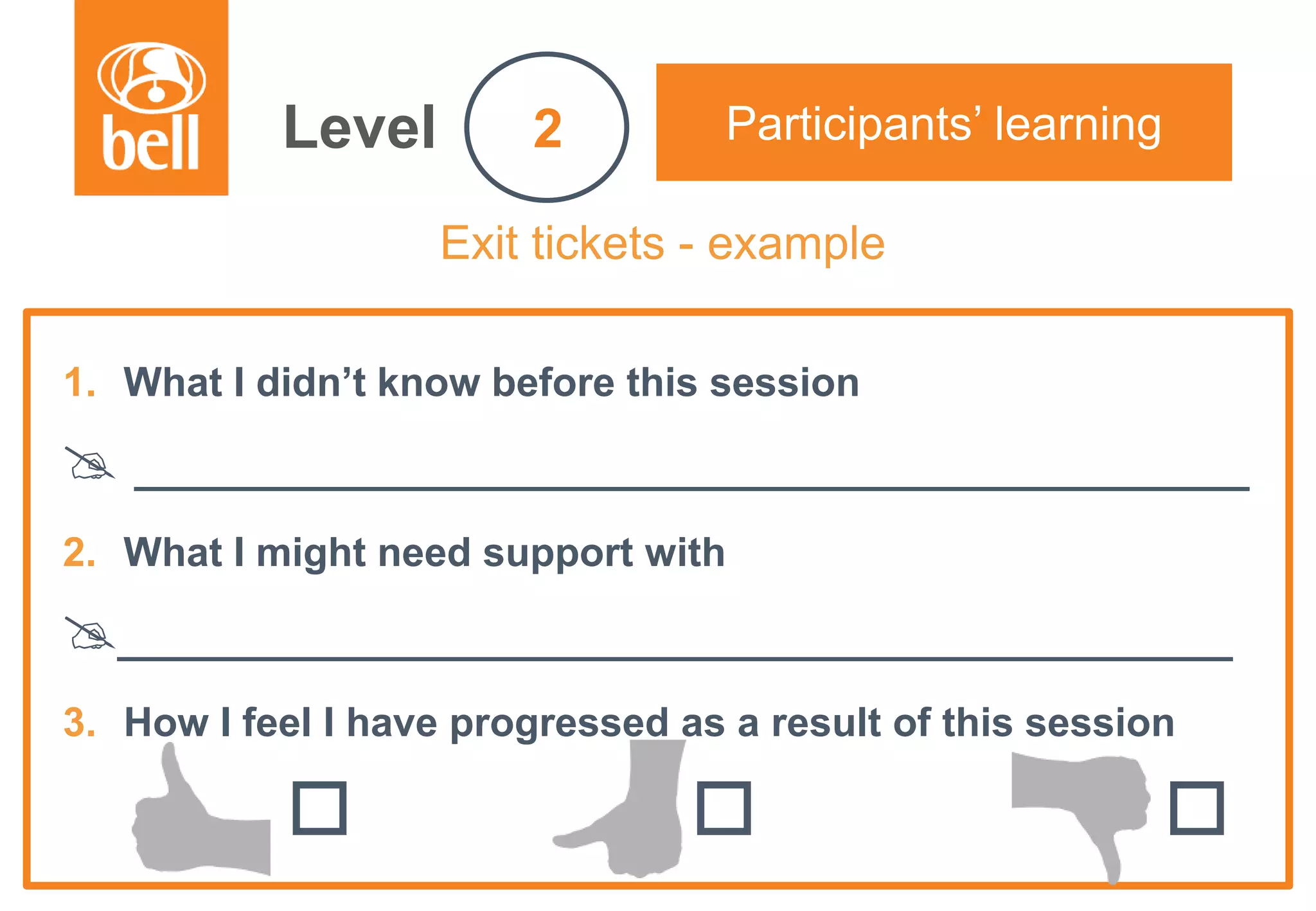 A learning partner throughout your career
Exit tickets - example
1. What I didn’t know before this session
 _________________________________
2. What I might need support with
_________________________________
3. How I feel I have progressed as a result of this session
  
Level Participants’ learning2
 