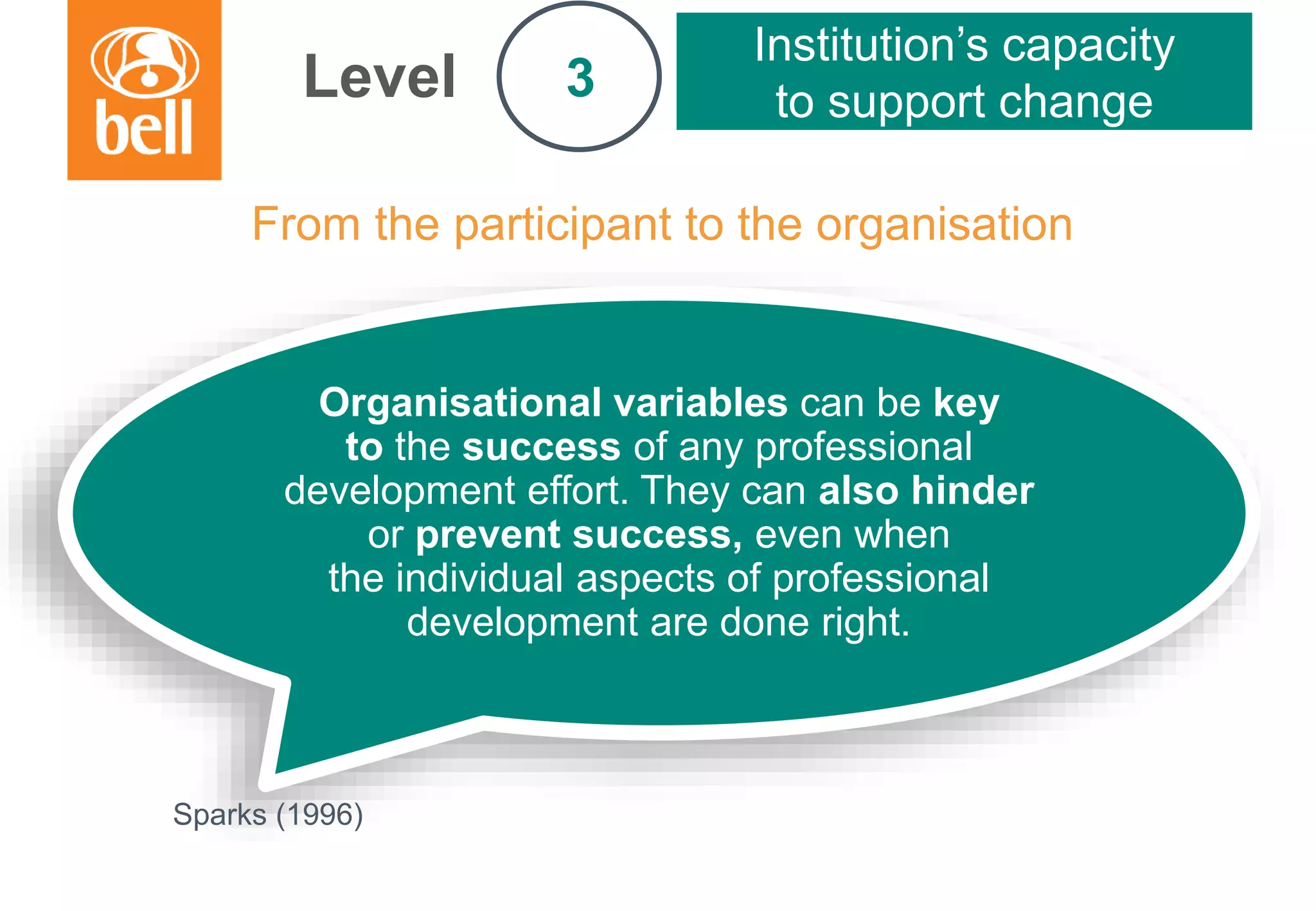 A learning partner throughout your career
From the participant to the organisation
Level
Institution’s capacity
to support change3
Organisational variables can be key
to the success of any professional
development effort. They can also hinder
or prevent success, even when
the individual aspects of professional
development are done right.
Sparks (1996)
 