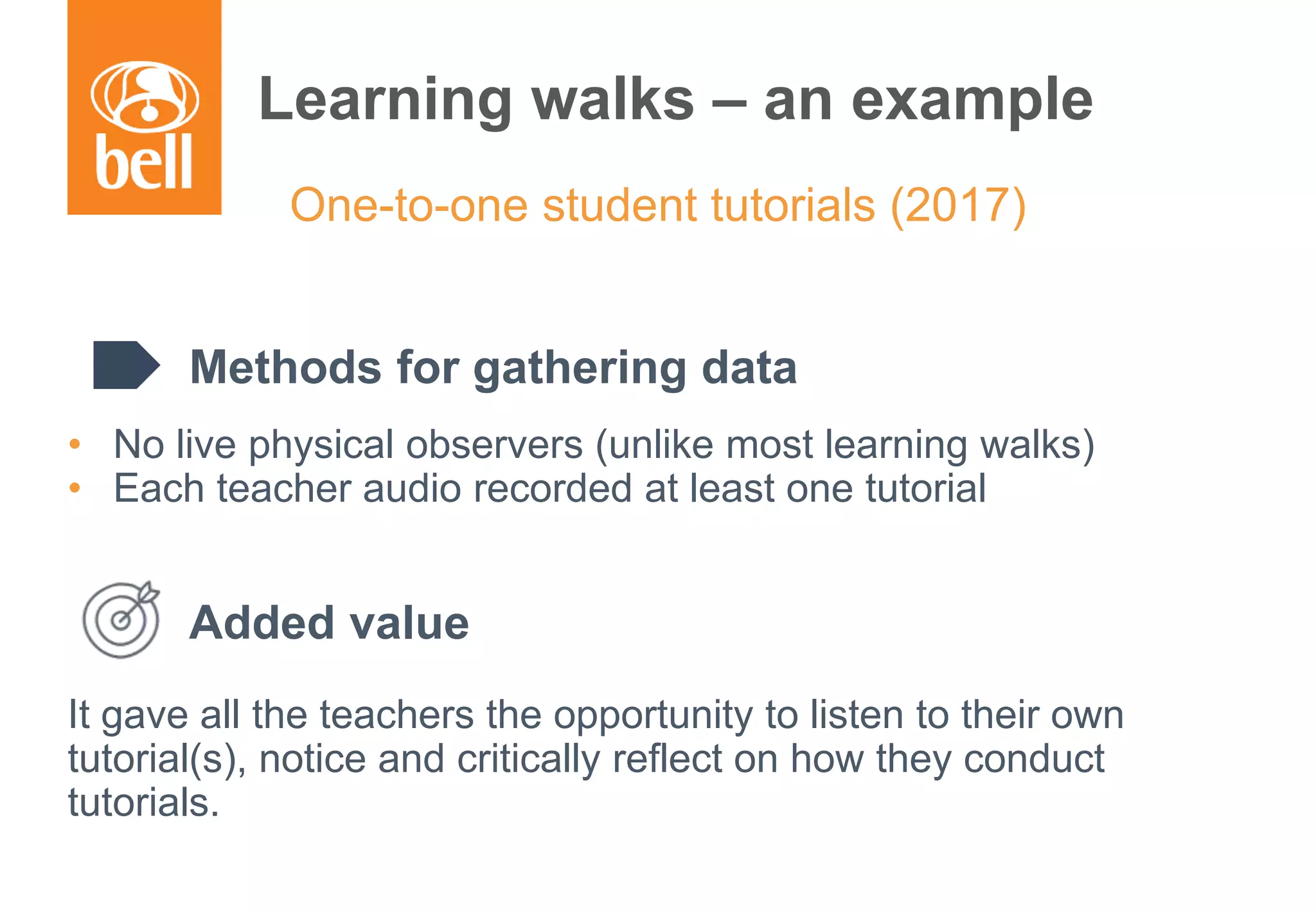 A learning partner throughout your career
One-to-one student tutorials (2017)
Methods for gathering data
• No live physical observers (unlike most learning walks)
• Each teacher audio recorded at least one tutorial
Added value
It gave all the teachers the opportunity to listen to their own
tutorial(s), notice and critically reflect on how they conduct
tutorials.
Learning walks – an example
 