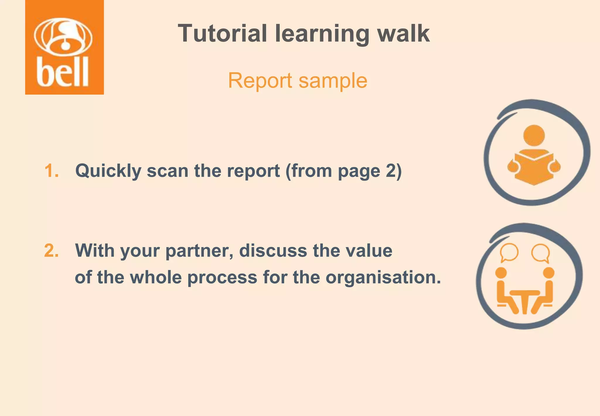 A learning partner throughout your career
Tutorial learning walk
1. Quickly scan the report (from page 2)
2. With your partner, discuss the value
of the whole process for the organisation.
Report sample
 
