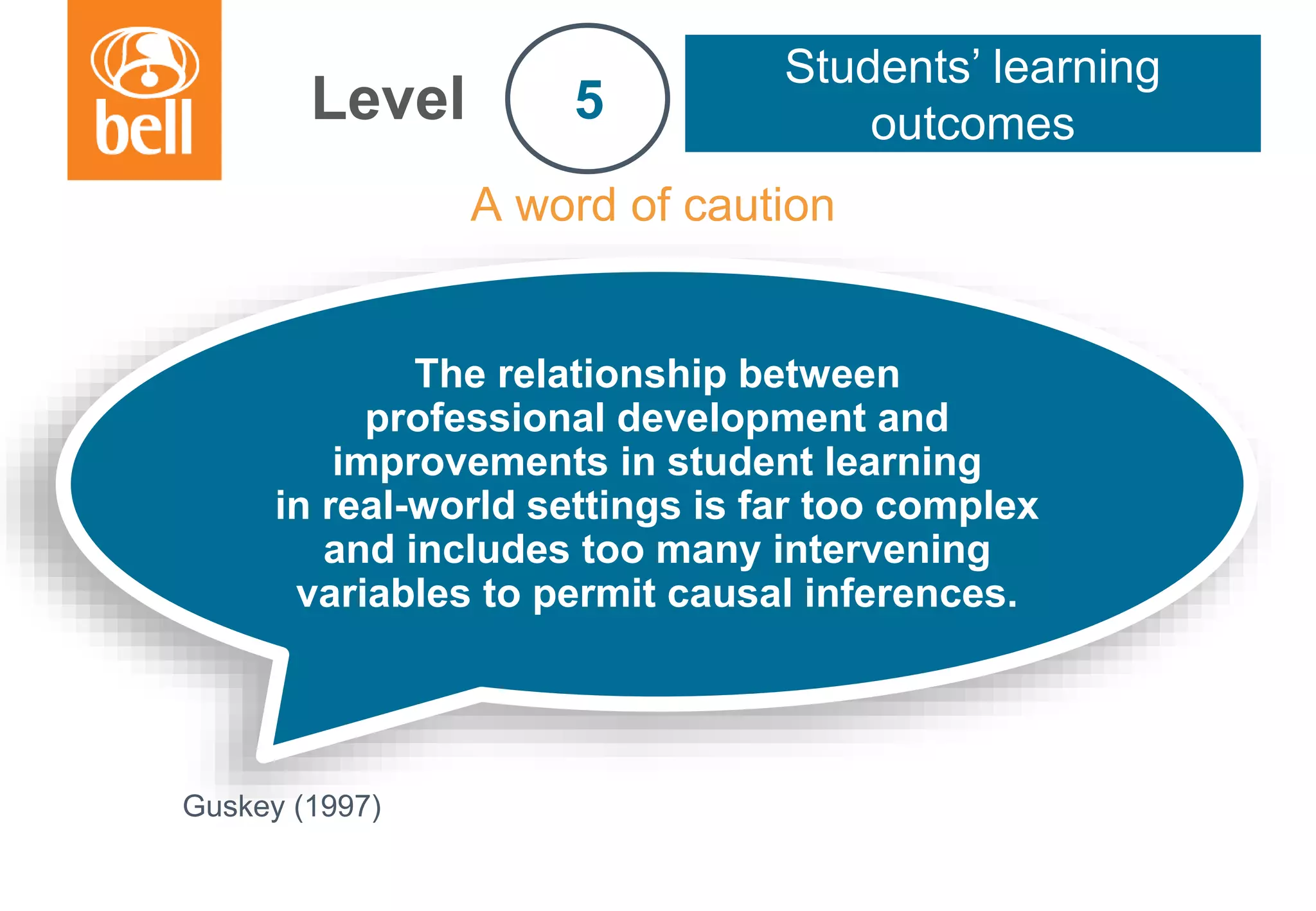 A learning partner throughout your career
A word of caution
Level
Students’ learning
outcomes5
The relationship between
professional development and
improvements in student learning
in real-world settings is far too complex
and includes too many intervening
variables to permit causal inferences.
Guskey (1997)
 
