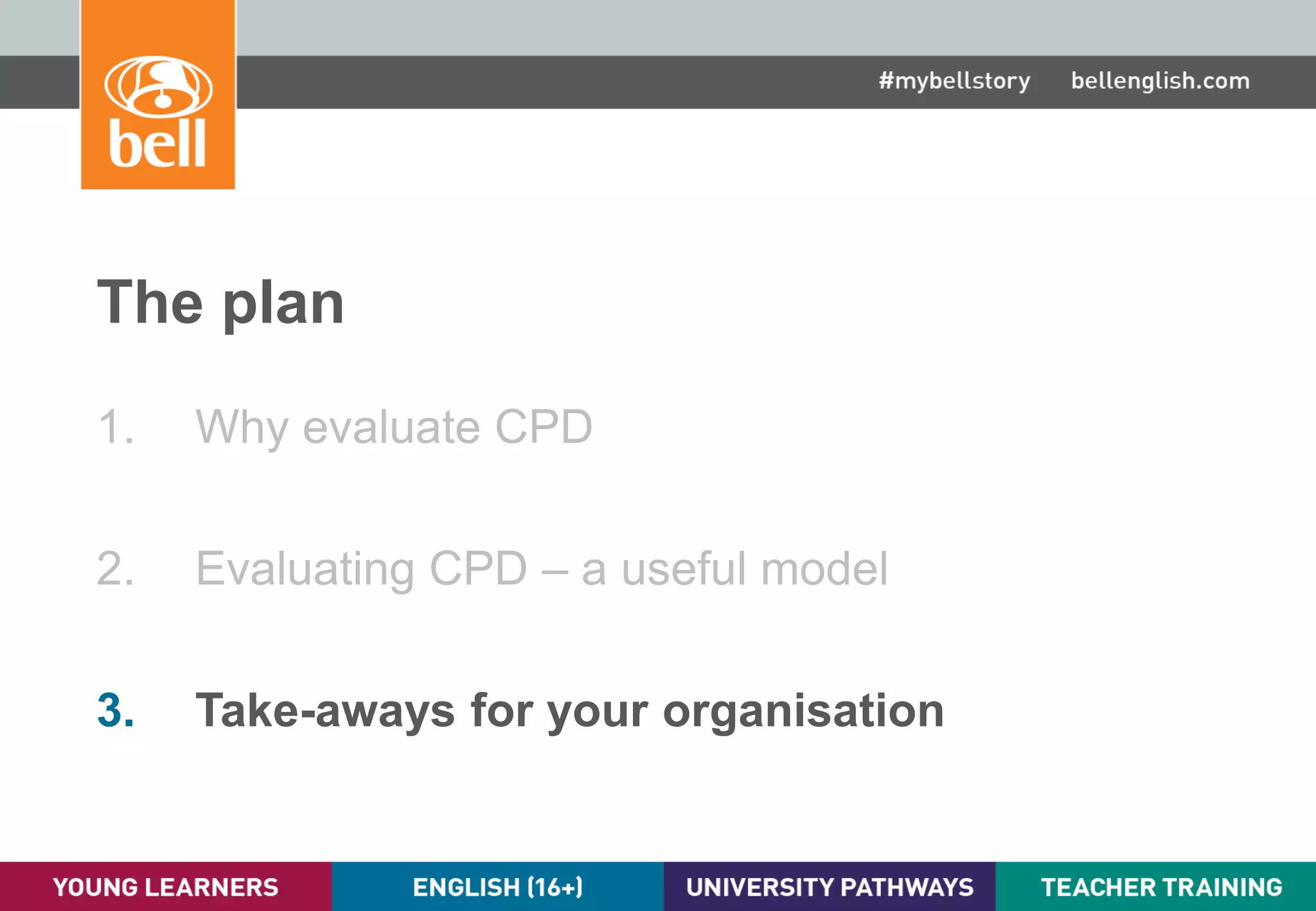 A learning partner throughout your career
The plan
1. Why evaluate CPD
2. Evaluating CPD – a useful model
3. Take-aways for your organisation
 