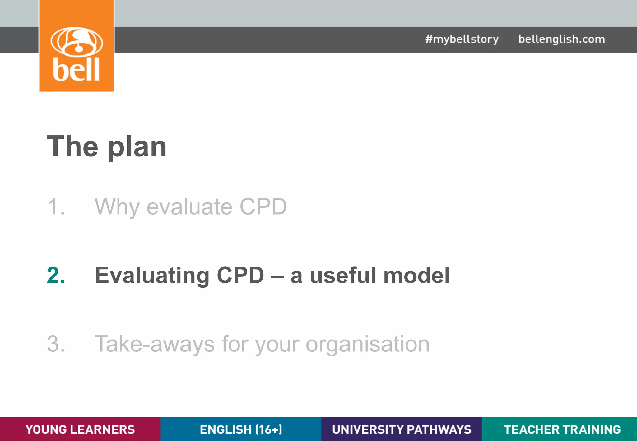 A learning partner throughout your career
The plan
1. Why evaluate CPD
2. Evaluating CPD – a useful model
3. Take-aways for your organisation
 