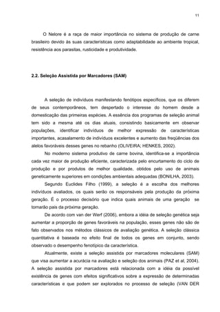 11




      O Nelore é a raça de maior importância no sistema de produção de carne
brasileiro devido às suas características como adaptabilidade ao ambiente tropical,
resistência aos parasitas, rusticidade e produtividade.




2.2. Seleção Assistida por Marcadores (SAM)




      A seleção de indivíduos manifestando fenótipos específicos, que os diferem
de seus contemporâneos, tem despertado o interesse do homem desde a
domesticação das primeiras espécies. A essência dos programas de seleção animal
tem sido a mesma até os dias atuais, consistindo basicamente em observar
populações,   identificar   indivíduos   de   melhor   expressão   de   características
importantes, acasalamento de indivíduos excelentes e aumento das freqüências dos
alelos favoráveis desses genes no rebanho (OLIVEIRA; HENKES, 2002).
      No moderno sistema produtivo de carne bovina, identifica-se a importância
cada vez maior de produção eficiente, caracterizada pelo encurtamento do ciclo de
produção e por produtos de melhor qualidade, obtidos pelo uso de animais
geneticamente superiores em condições ambientais adequadas (BONILHA, 2003).
      Segundo Euclides Filho (1999), a seleção é a escolha dos melhores
indivíduos avaliados, os quais serão os responsáveis pela produção da próxima
geração. É o processo decisório que indica quais animais de uma geração             se
tornarão pais da próxima geração.
      De acordo com van der Werf (2006), embora a idéia de seleção genética seja
aumentar a proporção de genes favoráveis na população, esses genes não são de
fato observados nos métodos clássicos de avaliação genética. A seleção clássica
quantitativa é baseada no efeito final de todos os genes em conjunto, sendo
observado o desempenho fenotípico da característica.
      Atualmente, existe a seleção assistida por marcadores moleculares (SAM)
que visa aumentar a acurácia na avaliação e seleção dos animais (PAZ et al, 2004).
A seleção assistida por marcadores está relacionada com a idéia da possível
existência de genes com efeitos significativos sobre a expressão de determinadas
características e que podem ser explorados no processo de seleção (VAN DER
 