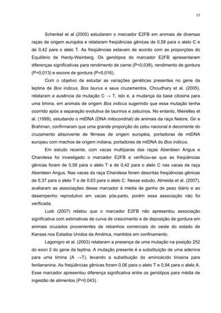 17




       Schenkel et al (2005) estudaram o marcador E2FB em animais de diversas
raças de origem européia e relataram freqüências gênicas de 0,58 para o alelo C e
de 0,42 para o alelo T. As freqüências estavam de acordo com as proporções do
Equilíbrio de Hardy-Weinberg. Os genótipos do marcador E2FB apresentaram
diferenças significativas para rendimento de carne (P=0,038), rendimento de gordura
(P=0,013) e escore de gordura (P=0,016).
       Com o objetivo de estudar as variações genéticas presentes no gene da
leptina de Bos indicus, Bos taurus e seus cruzamentos, Choudhary et al. (2005),
relataram a ausência da mutação C → T, isto é, a mudança da base citosina para
uma timina, em animais de origem Bos indicus sugerindo que essa mutação tenha
ocorrido após a separação evolutiva de taurinos e zebuínos. No entanto, Meirelles et
al. (1999), estudando o mtDNA (DNA mitocondrial) de animais da raça Nelore, Gir e
Brahman, confirmaram que uma grande proporção do zebu nacional é decorrente do
cruzamento absorvente de fêmeas de origem européia, portadoras de mtDNA
europeu com machos de origem indiana, portadores de mtDNA do Bos indicus.
       Em estudo recente, com vacas multíparas das raças Aberdeen Angus e
Charolesa foi investigado o marcador E2FB e verificou-se que as freqüências
gênicas foram de 0,58 para o alelo T e de 0,42 para o alelo C nas vacas da raça
Aberdeen Angus. Nas vacas da raça Charolesa foram descritas freqüências gênicas
de 0,37 para o alelo T e de 0,63 para o alelo C. Nesse estudo, Almeida et al. (2007),
avaliaram as associações desse marcador à média de ganho de peso diário e ao
desempenho reprodutivo em vacas pós-parto, porém essa associação não foi
verificada.
       Lusk (2007) relatou que o marcador E2FB não apresentou associação
significativa com estimativas de curva de crescimento e de deposição de gordura em
animais cruzados provenientes de rebanhos comerciais do oeste do estado de
Kansas nos Estados Unidos da América, mantidos em confinamento.
       Lagonigro et al. (2003) relataram a presença de uma mutação na posição 252
do exon 2 do gene da leptina. A mutação presente é a substituição de uma adenina
para uma timina (A →T), levando a substituição do aminoácido tirosina para
fenilananina. As freqüências gênicas foram 0,06 para o alelo T e 0,94 para o alelo A.
Esse marcador apresentou diferença significativa entre os genótipos para média de
ingestão de alimentos (P=0,043).
 