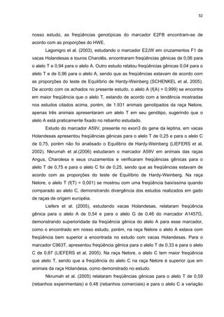 52




nosso estudo, as freqüências genotípicas do marcador E2FB encontram-se de
acordo com as proporções do HWE.
      Lagonigro et al. (2003), estudando o marcador E2JW em cruzamentos F1 de
vacas Holandesas e touros Charolês, encontraram freqüências gênicas de 0,06 para
o alelo T e 0,94 para o alelo A. Outro estudo relatou freqüências gênicas 0,04 para o
alelo T e de 0,96 para o alelo A, sendo que as freqüências estavam de acordo com
as proporções do teste de Equilíbrio de Hardy-Weinberg (SCHENKEL et al, 2005).
De acordo com os achados no presente estudo, o alelo A (f(A) = 0,999) se encontra
em maior freqüência que o alelo T, estando de acordo com a tendência mostradas
nos estudos citados acima, porém, de 1.931 animais genotipados da raça Nelore,
apenas três animais apresentaram um alelo T em seu genótipo, sugerindo que o
alelo A está praticamente fixado no rebanho estudado.
      Estudo do marcador A59V, presente no exon3 do gene da leptina, em vacas
Holandesas apresentou freqüências gênicas para o alelo T de 0,25 e para o alelo C
de 0,75, porém não foi analisado o Equilibrio de Hardy-Weinberg (LIEFERS et al,
2002). Nkrumah et al.(2006) estudaram o marcador A59V em animais das raças
Angus, Charolesa e seus cruzamentos e verificaram freqüências gênicas para o
alelo T de 0,75 e para o alelo C foi de 0,25, sendo que as freqüências estavam de
acordo com as proporções do teste de Equilíbrio de Hardy-Weinberg. Na raça
Nelore, o alelo T (f(T) = 0,001) se mostrou com uma freqüência baixíssima quando
comparado ao alelo C, demonstrando divergência dos estudos realizados em gado
de raças de origem européia.
      Liefers et al. (2005), estudando vacas Holandesas, relataram freqüência
gênica para o alelo A de 0,54 e para o alelo G de 0,46 do marcador A1457G,
demonstrando superioridade da freqüência gênica do alelo A para esse marcador,
como o encontrado em nosso estudo, porém, na raça Nelore o alelo A estava com
freqüência bem superior a encontrada no estudo com vacas Holandesas. Para o
marcador C963T, apresentou freqüência gênica para o alelo T de 0,33 e para o alelo
C de 0,87 (LIEFERS et al, 2005). Na raça Nelore, o alelo C tem maior freqüência
que alelo T, sendo que a freqüência do alelo C na raça Nelore é superior que em
animais da raça Holandesa, como demonstrado no estudo.
      Nkrumah et al. (2005) relataram freqüências gênicas para o alelo T de 0,59
(rebanhos experimentais) e 0,48 (rebanhos comerciais) e para o alelo C a variação
 
