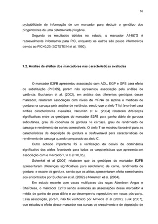 55




probabilidade de informação de um marcador para deduzir o genótipo dos
progentirores de uma determinada progênie.
      Segundo os resultados obtidos no estudo, o marcador A1457G é
razoavelmente informativo para PIC, enquanto os outros são pouco informativos
devido ao PIC<0,25 (BOTSTEIN et al, 1980).




7.2. Análise de efeitos dos marcadores nas características avaliadas




      O marcador E2FB apresentou associação com AOL, EGP e GPS para efeito
de substituição (P<0,05), porém não apresentou associação pela análise de
variância. Buchanan et al. (2002), em análise dos diferentes genótipos desse
marcador, relataram associação com níveis de mRNA da leptina e medidas de
gordura na carcaça pela análise de variância, sendo que o alelo T foi favorável para
ambas características avaliadas. Nkrumah et al. (2004) relataram diferenças
significativas entre os genótipos do marcador E2FB para ganho diário de gordura
subcutânea, grau de cobertura de gordura na carcaça, grau de rendimento de
carcaça e rendimento de cortes comestíveis. O alelo T se mostrou favorável para as
características de deposição de gordura e desfavorável para características de
rendimento de carcaça quando comparado ao alelo C.
      Outro achado importante foi a verificação do desvio de dominância
significativo dos alelos favoráveis para todas as características que apresentaram
associação com o marcador E2FB (P<0,05).
      Schenkel et al (2005) relataram que os genótipos do marcador E2FB
apresentaram diferenças significativas para rendimento de carne, rendimento de
gordura e escore de gordura, sendo que os alelos apresentaram efeito semelhantes
aos encontrados por Buchanan et al. (2002) e Nkrumah et al. (2004).
      Em estudo recente com vacas multíparas das raças Aberdeen Angus e
Charolesa, o marcador E2FB sendo avaliadas as associações desse marcador à
média de ganho de peso diário e ao desempenho reprodutivo em vacas pós-parto.
Essa associação, porém, não foi verificado por Almeida et al (2007). Lusk (2007),
que estudou o efeito desse marcador nas curvas de crescimento e de deposição de
 