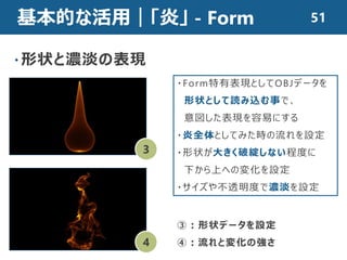 基本的な活用｜「炎」 - Form
・形状と濃淡の表現
3
4
・Form特有表現としてOBJデータを
形状として読み込む事で、
意図した表現を容易にする
・炎全体としてみた時の流れを設定
・形状が大きく破綻しない程度に
下から上への変化を設定
・サイズや不透明度で濃淡を設定
③：形状データを設定
④：流れと変化の強さ
51
 