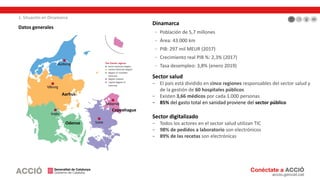 Copenhague
Aarhus
Odense
1. Situación en Dinamarca
Dinamarca
− Población de 5,7 millones
− Área: 43.000 km
− PIB: 297 mil MEUR (2017)
− Crecimiento real PIB %: 2,3% (2017)
− Tasa desempleo: 3,8% (enero 2019)
Sector salud
− El país está dividido en cinco regiones responsables del sector salud y
de la gestión de 60 hospitales públicos
− Existen 3,66 médicos por cada 1.000 personas
− 85% del gasto total en sanidad proviene del sector público
Sector digitalizado
− Todos los actores en el sector salud utilizan TIC
− 98% de pedidos a laboratorio son electrónicos
− 89% de las recetas son electrónicas
Datos generales
 