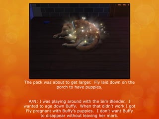 The pack was about to get larger. Fly laid down on the
porch to have puppies.
A/N: I was playing around with the Sim Blender. I
wanted to age down Buffy. When that didn’t work I got
Fly pregnant with Buffy’s puppies. I don’t want Buffy
to disappear without leaving her mark.
 