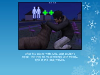 After his outing with Julie, Olaf couldn’t
sleep. He tried to make friends with Moody,
one of the local wolves.
 