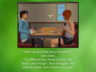 “What do you think about this place?”
Julie asked.
“It’s different than being at home, the
food’s okay though.” Ryan shrugged. He
could do better, but it wasn’t the worst.
 