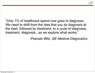 “Only 1% of healthcare spend now goes to diagnosis.
        We need to shift from the idea that you do diagnosis at
        the start, followed by treatment, to a cycle of diagnosis,
        treatment, diagnosis...as we explore what works.”
                            -Pascale Witz, GE Medical Diagnostics




Wednesday, November 2, 11
 