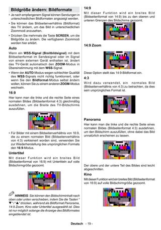 14:9
  Bildgröße ändern: Bildformate
                                                                      M i t d i e se r F u n k ti o n w i r d e i n b r e i t e s B i l d
• Je nach empfangenem Signal können Sendungen in
                                                                      (Bildseitenformat von 14:9) bis zu den oberen und
  unterschiedlichen Bildformaten angezeigt werden.
                                                                      unteren Grenzen des Bildschirms gezoomt.
• Sie können das Bildseitenverhältnis (Bildformat)
  des TV ändern, um das Bild in unterschiedlichen
  Zoommodi anzusehen.
• Drücken Sie mehrmals die Taste SCREEN, um die
  Bildgröße zu ändern. Die verfügbaren Zoommodi
  werden hier erklärt.
                                                                      14:9 Zoom
Auto
Wenn ein WSS-Signal (Breitbildsignal) mit dem
Bildseitenformat im Sendesignal oder im Signal
von einem externen Gerät enthalten ist, ändert
das TV-Gerät automatisch den ZOOM-Modus in
Übereinstimmung mit dem WSS-Signal.
• Wenn der AUTO-Modus wegen schlechter Qualität                       Diese Option stellt das 14:9-Bildformat ein.
  des WSS-Signals nicht richtig funktioniert, oder
                                                                      4:3
  wenn Sie den Bildformat-Modus selbst ändern
  wollen, können Sie zu einem anderen ZOOM-Modus                      W i r d d a zu v er w e nd e t, ei n no r m a l es B i l d
  wechseln.                                                           (Bildseitenverhältnis von 4:3) zu betrachten, da dies
                                                                      sein ursprüngliches Format ist.
16:9
Hier kann man die linke und die rechte Seite eines
normalen Bildes (Bildseitenformat 4:3) gleichmäßig
ausdehnen, um die Breite des TV-Bildschirms
auszufüllen.


                                                                      Panorama
                                                                      Hier kann man die linke und die rechte Seite eines
                                                                      normalen Bildes (Bildseitenformat 4:3) ausdehnen,
• Für Bilder mit einem Bildseitenverhältnis von 16:9,                 um den Bildschirm auszufüllen, ohne dabei das Bild
  die zu einem normalen Bild (Bildseitenverhältnis                    unnatürlich erscheinen zu lassen.
  von 4:3) verkleinert worden sind, verwenden Sie
  zur Wiederherstellung des ursprünglichen Formats
  den 16:9-Modus.
Untertitel
M i t d i e se r F u n k ti o n w i r d e i n b r e i t e s B i l d
(Bildseitenformat von 16:9) mit Untertiteln auf volle
Bildschirmgröße gezoomt.                                              Der obere und der untere Teil des Bildes sind leicht
                                                                      abgeschnitten.
                                                                      Kino
                                                                      Mit dieser Funktion wird ein breites Bild (Bildseitenformat
                                                                      von 16:9) auf volle Bildschirmgröße gezoomt.



       HINWEIS: Sie können den Bildschirminhalt nach
oben oder unten verschieben, indem Sie die Tasten “
   ” / “ ” drücken, während als Bildformat Panorama,
14:9 Zoom, Kino oder Untertitel ausgewählt ist. Dies
ist nur möglich solange die Anzeige des Bildformates
eingeblendet ist.


                                                          Deutsch - 19 -
 