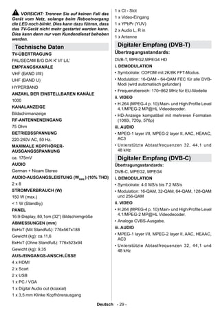 1 x CI - Slot
     VORSICHT: Trennen Sie auf keinen Fall das
Gerät vom Netz, solange beim Rebootvorgang           1 x Video-Eingang
die LED noch blinkt. Dies kann dazu führen, dass     1 x YPbPr (YUV)
das TV-Gerät nicht mehr gestartet werden kann.       2 x Audio L, R in
Dies kann dann nur vom Kundendienst behoben
                                                     1 x Antenne
werden.

 Technische Daten                                     Digitaler Empfang (DVB-T)
TV-ÜBERTRAGUNG                                       Übertragungsstandards:
PAL/SECAM B/G D/K K’ I/I’ L/L’                       DVB-T, MPEG2,MPEG4 HD
EMPFANGSKANÄLE                                       i. DEMODULATION
VHF (BAND I/III)                                     • Symbolrate: COFDM mit 2K/8K FFT-Modus.
UHF (BAND U)                                         • Modulation: 16-QAM - 64-QAM FEC für alle DVB-
                                                       Modi (wird automatisch gefunden)
HYPERBAND
                                                     • Frequenzbereich: 170~862 MHz für EU-Modelle
ANZAHL DER EINSTELLBAREN KANÄLE
                                                     ii. VIDEO
1000
                                                     • H.264 (MPEG-4 p. 10) Main- und High Prole Level
KANALANZEIGE                                           4.1/MPEG-2 MP@HL Videodecoder.
Bildschirmanzeige                                    • HD-Anzeige kompatibel mit mehreren Formaten
RF-ANTENNENEINGANG                                     (1080i, 720p, 576p)
75 Ohm                                               iii. AUDIO
BETRIEBSSPANNUNG                                     • MPEG-1 layer I/II, MPEG-2 layer II, AAC, HEAAC,
220-240V AC, 50 Hz.                                    AC3
MAXIMALE KOPFHÖRER-                                  • Unterstützte Abtastfrequenzen 32, 44,1 und
AUSGANGSSPANNUNG                                       48 kHz
ca. 175mV                                             Digitaler Empfang (DVB-C)
AUDIO                                                Übertragungsstandards:
German + Nicam Stereo                                DVB-C, MPEG2, MPEG4
AUDIO-AUSGANGSLEISTUNG (WRMS.) (10% THD)             i. DEMODULATION
2x8                                                  • Symbolrate: 4.0 MS/s bis 7.2 MS/s
STROMVERBRAUCH (W)                                   • Modulation: 16-QAM, 32-QAM, 64-QAM, 128-QAM
150 W (max.)                                           und 256-QAM
< 1 W (Standby)                                      ii. VIDEO
PANEL                                                • H.264 (MPEG-4 p. 10) Main- und High Prole Level
                                                       4.1/MPEG-2 MP@HL Videodecoder.
16:9-Display, 80,1cm (32”) Bildschirmgröße
                                                     • Analoge CVBS-Ausgabe.
ABMESSUNGEN (mm)
                                                     iii. AUDIO
BxHxT (Mit Standfuß): 776x567x188
                                                     • MPEG-1 layer I/II, MPEG-2 layer II, AAC, HEAAC,
Gewicht (kg): ca.11,6
                                                       AC3
BxHxT (Ohne Standfuß): 776x523x94
                                                     • Unterstützte Abtastfrequenzen 32, 44,1 und
Gewicht (kg): 9,35                                     48 kHz
AUS-/EINGANGS-ANSCHLÜSSE
4 x HDMI
2 x Scart
2 x USB
1 x PC / VGA
1 x Digital Audio out (koaxial)
1 x 3,5 mm Klinke Kopfhörerausgang

                                             Deutsch - 29 -
 