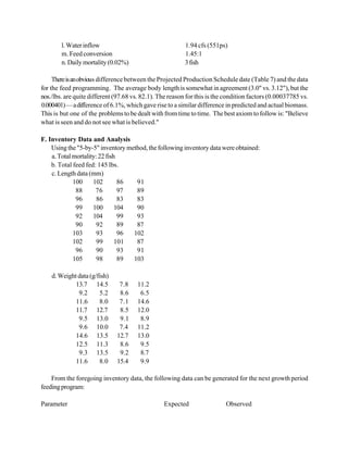 l. Water inflow                                   1.94 cfs (551ps)
        m. Feed conversion                                1.45:1
        n. Daily mortality (0.02%)                        3 fish

     There is an obvious difference between the Projected Production Schedule date (Table 7) and the data
for the feed programming. The average body length is somewhat in agreement (3.0" vs. 3.12"), but the
nos./lbs. are quite different (97.68 vs. 82.1). The reason for this is the condition factors (0.00037785 vs.
0.000401) — a difference of 6.1%, which gave rise to a similar difference in predicted and actual biomass.
This is but one of the problems to be dealt with from time to time. The best axiom to follow is: "Believe
what is seen and do not see what is believed."

F. Inventory Data and Analysis
    Using the "5-by-5" inventory method, the following inventory data were obtained:
    a. Total mortality: 22 fish
    b. Total feed fed: 145 lbs.
    c. Length data (mm)
             100     102        86  91
              88      76        97  89
              96       86       83  83
              99     100       104  90
              92     104        99  93
              90       92       89  87
             103       93       96 102
             102       99      101  87
              96       90       93  91
             105       98       89 103

    d. Weight data (g/fish)
             13.7 14.5         7.8     11.2
              9.2      5.2     8.6      6.5
             11.6      8.0     7.1     14.6
             11.7 12.7         8.5     12.0
              9.5 13.0         9.1      8.9
              9.6 10.0         7.4     11.2
             14.6 13.5        12.7     13.0
             12.5 11.3         8.6      9.5
              9.3 13.5         9.2      8.7
             11.6      8.0    15.4      9.9

    From the foregoing inventory data, the following data can be generated for the next growth period
feeding program:

Parameter                                        Expected                 Observed
 