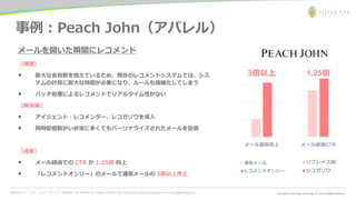 お問合わせ先： シルバーエッグ・テクノロジー株式会社 Tel: 06-6386-1931 (Osaka) / 03-5357-1255 (Tokyo) https://www.silveregg.co.jp/ e-mail: inquiry@silveregg.co.jp
事例：Peach John（アパレル）
メールを開いた瞬間にレコメンド
【課題】
• 膨大な会員数を抱えているため、既存のレコメンドシステムでは、シス
テムの計算に膨大な時間が必要になり、ルールも複雑化してしまう
• バッチ処理によるレコメンドでリアルタイム性がない
【解決策】
• アイジェント・レコメンダー、レコガゾウを導入
• 同時配信数がい非常に多くてもパーソナライズされたメールを配信
【成果】
• メール経由での CTR が 1.25倍 向上
• 「レコメンドオンリー」のメールで通常メールの 3倍以上売上
メール経由CTR
リプレイス前
レコガゾウ
1.25倍
メール経由売上
通常メール
レコメンドオンリー
3倍以上
 