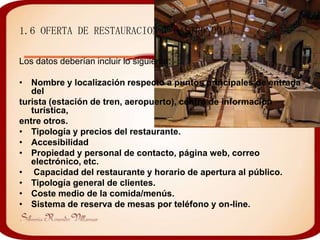 1.6 OFERTA DE RESTAURACION Y GASTRONOMIA.

Los datos deberían incluir lo siguiente:

• Nombre y localización respecto a puntos principales de entrada
   del
turista (estación de tren, aeropuerto), centro de información
   turística,
entre otros.
• Tipología y precios del restaurante.
• Accesibilidad
• Propiedad y personal de contacto, página web, correo
   electrónico, etc.
• Capacidad del restaurante y horario de apertura al público.
• Tipología general de clientes.
• Coste medio de la comida/menús.
• Sistema de reserva de mesas por teléfono y on-line.
 