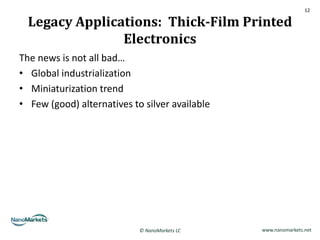 12

  Legacy Applications: Thick-Film Printed
                Electronics
The news is not all bad…
• Global industrialization
• Miniaturization trend
• Few (good) alternatives to silver available




                            © NanoMarkets LC    www.nanomarkets.net
 