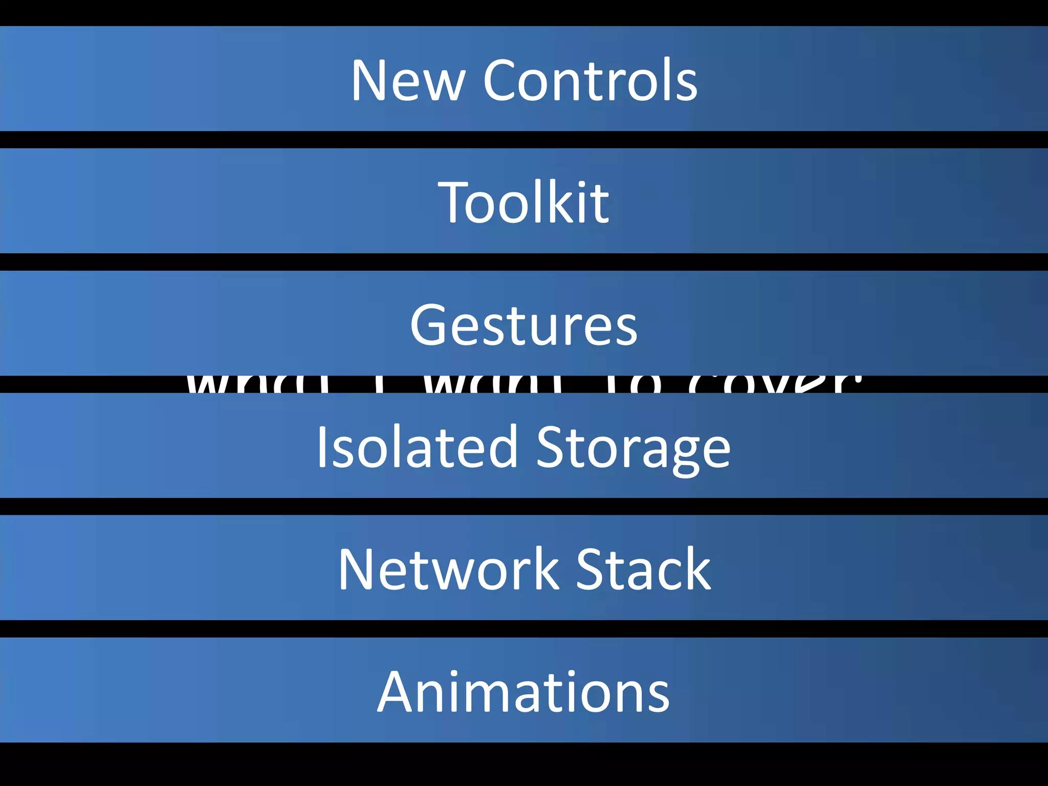 New ControlsToolkitGestureswhat I want to coverIsolated StorageNetwork StackAnimations