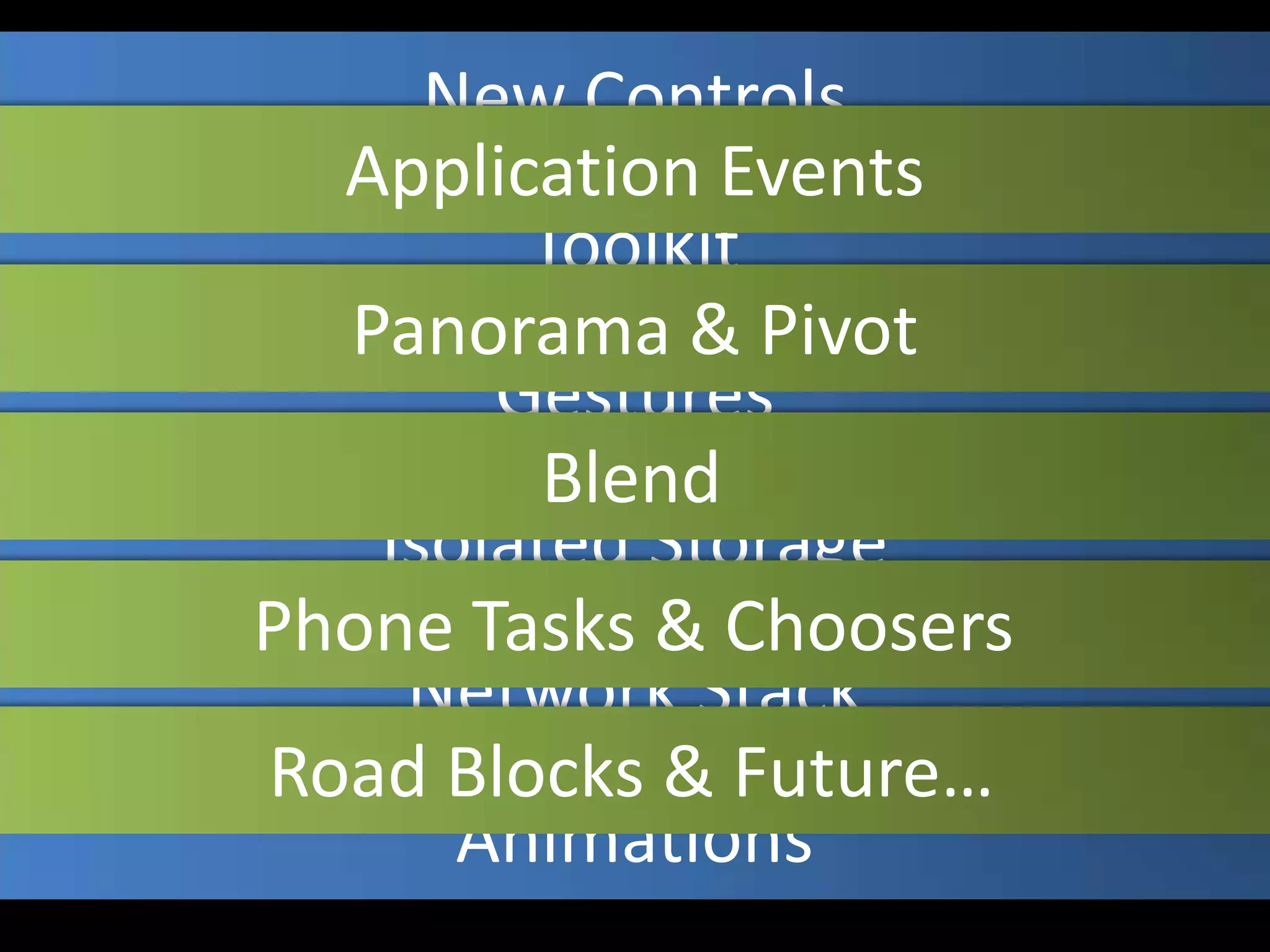 New ControlsApplication EventsToolkitPanorama & PivotGestureswhat I want to coverBlendIsolated StoragePhone Tasks & ChoosersNetwork StackRoad Blocks & Future…Animations