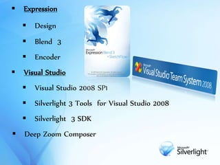  Expression
 Design
 Blend 3
 Encoder
 Visual Studio
 Visual Studio 2008 SP1
 Silverlight 3 Tools for Visual Studio 2008
 Silverlight 3 SDK
 Deep Zoom Composer
 