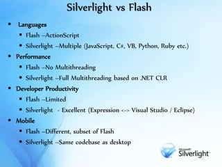 Silverlight vs Flash
 Languages
 Flash –ActionScript
 Silverlight –Multiple (JavaScript, C#, VB, Python, Ruby etc.)
 Performance
 Flash –No Multithreading
 Silverlight –Full Multithreading based on .NET CLR
 Developer Productivity
 Flash –Limited
 Silverlight - Excellent (Expression <-> Visual Studio / Eclipse)
 Mobile
 Flash –Different, subset of Flash
 Silverlight –Same codebase as desktop
 