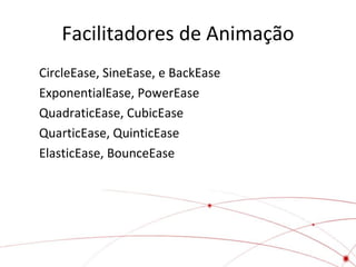 Facilitadores de Animação
CircleEase, SineEase, e BackEase
ExponentialEase, PowerEase
QuadraticEase, CubicEase
QuarticEase, QuinticEase
ElasticEase, BounceEase
 