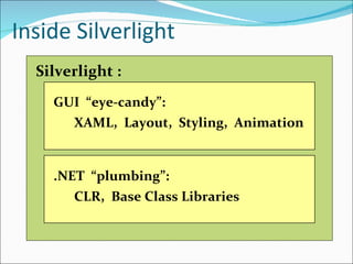 Inside Silverlight  Silverlight : GUI  “eye-candy”: XAML,  Layout,  Styling,  Animation .NET  “plumbing”: CLR,  Base Class...