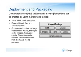 Deployment and Packaging
Content for a Web page that contains Silverlight elements can
be created by using the following tactics:
• Inline XAML and JavaScript.
• External XAML files and
  JavaScript files.
• Compressed content package
  that contains XAML, managed
  code, images, fonts, and
  media. Streaming media
  sources can be referenced
  from the XAML media
  elements.
 