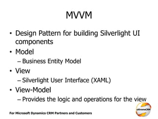 For Microsoft Dynamics CRM Partners and Customers
MVVM
• Design Pattern for building Silverlight UI
components
• Model
– Business Entity Model
• View
– Silverlight User Interface (XAML)
• View-Model
– Provides the logic and operations for the view
 