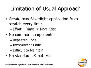 For Microsoft Dynamics CRM Partners and Customers
Limitation of Usual Approach
• Create new Silverlight application from
scratch every time
– Effort + Time -> More Cost
• No common components
– Repeated Code
– Inconsistent Code
– Difficult to Maintain
• No standards & patterns
 