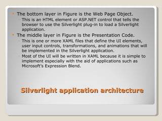 The bottom layer in Figure is the Web Page Object.  This is an HTML element or ASP.NET control that tells the browser to use the Silverlight plug-in to load a Silverlight application. The middle layer in Figure is the Presentation Code. This is one or more XAML files that define the UI elements, user input controls, transformations, and animations that will be implemented in the Silverlight application. Most of the UI will be written in XAML because it is simple to implement especially with the aid of applications such as Microsoft’s Expression Blend. Silverlight application architecture 