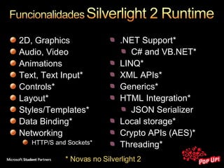 2D, Graphics Audio, Video Animations Text, Text Input* Controls* Layout* Styles/Templates* Data Binding* Networking HTTP/S and Sockets* * Novas no Silverlight 2 .NET Support* C# and VB.NET* LINQ* XML APIs* Generics* HTML Integration* JSON Serializer Local storage* Crypto APIs (AES)* Threading* 