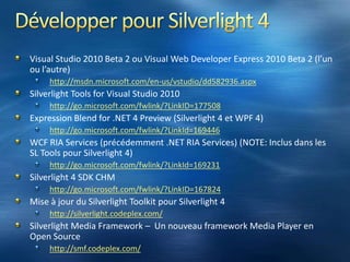 Silverlight 4BetaNovembre 2009 (PDC09)Silverlight 1Silverlight 2Silverlight 3Septembre 2007Octobre 2008Juillet 2009