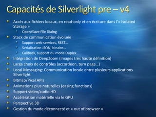 XAP (prononcer ZAP)Fichier de déploiement d’un application SilverlightFormat ZIPGénéré par l’outil Chiron.exe CompresséPour de meilleures performancesCe fichier contient tous les éléments nécessaires à l’applicationPour utiliser les fichiers XAP, il faut rajouter un type mime à IIS (ou autre serveur Web)Xap: application/x-silverlight-appEn standard dans Windows Server 2008Contenu:Les assemblies compiléesLe fichier AppManifest.xamlLes fichiers ressources (images, …)Etapes de chargement: http://community.irritatedvowel.com/blogs/pete_browns_blog/archive/2008/03/05/Xap_2100_-App_2100_-Pow_2100_-Packaging-and-Application-Startup-in-Silverlight-2-Beta-1-_2D00_-Part-2.aspx