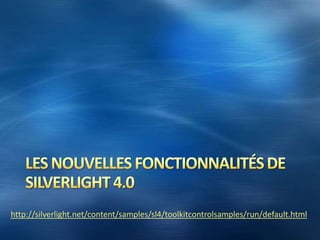 XAMLXAML est un langage déclaratif à base de tagsUtilisé pour définir l’interface d’une application SilverlightMainPage.xaml  dans un nouveau projet Visual StudioUn layoutGrid par défaut nommé LayoutRootÉquivalent à:<Rectangle Fill="Red" Width="150" Height="100"/>Rectangle newRect = new Rectangle();newRect.Width = 150;newRect.Height = 100;newRect.Fill = new SolidColorBrush(Colors.Red);LayoutRoot.Children.Add(newRect);
