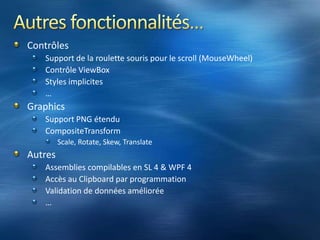DatabindingLe Databinding renforce la séparation entre la présentation des données et le code-behind « applicatif »Avec tout objet implémentant IEnumerableArrays, Lists, Collections DataTemplates contrôlent la présentationBinding uni- ou bi-directionnel