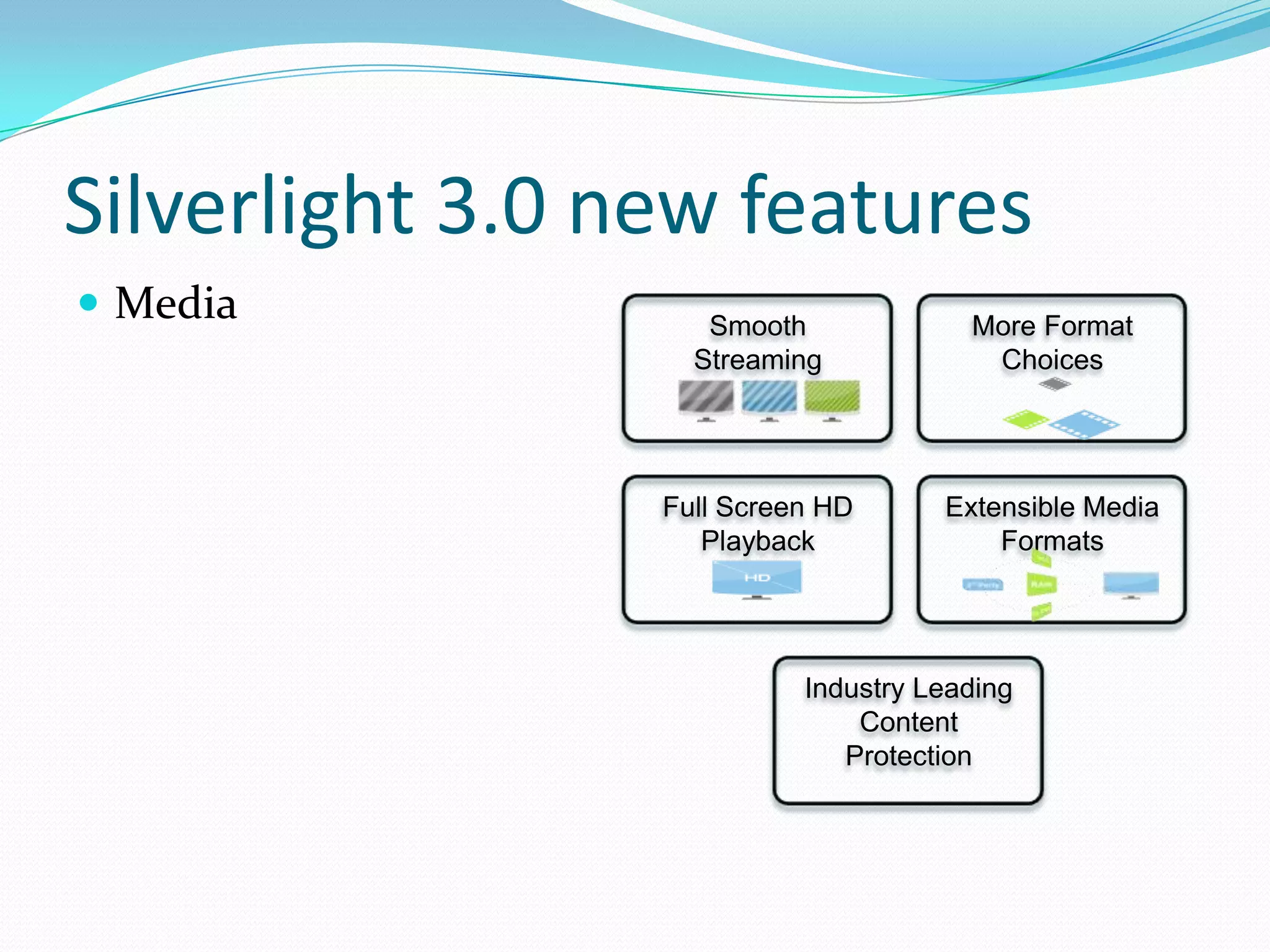 Silverlight 3.0 new featuresMediaSmooth StreamingMore Format ChoicesFull Screen HD PlaybackExtensible Media FormatsIndustry LeadingContent Protection