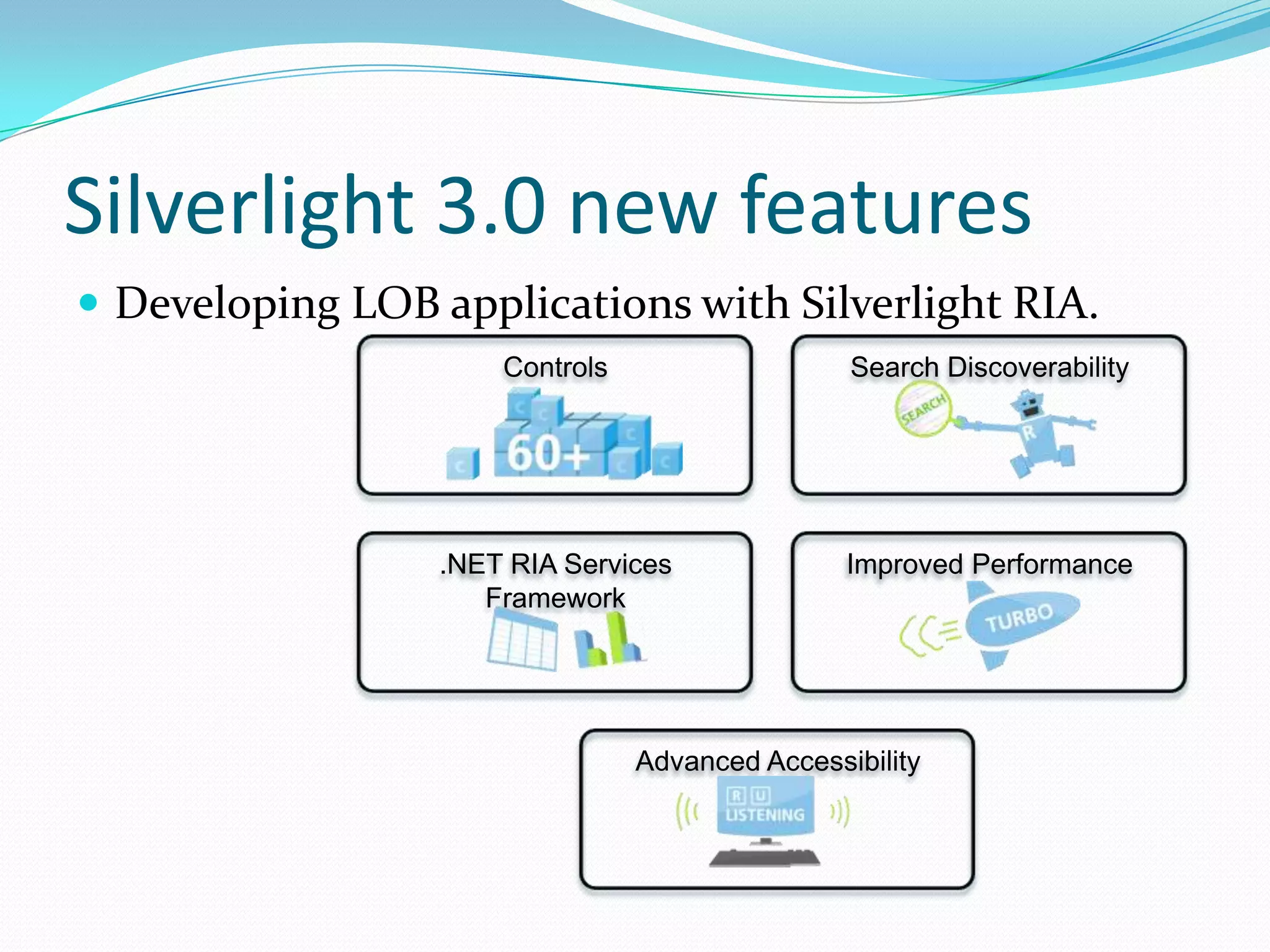 Silverlight 3.0 new featuresDeveloping LOB applications with Silverlight RIA.ControlsSearch Discoverability.NET RIA Services FrameworkImproved PerformanceAdvanced Accessibility