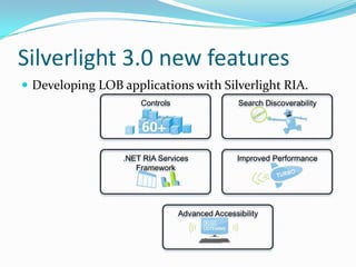 Silverlight 3.0 new featuresDeveloping LOB applications with Silverlight RIA.ControlsSearch Discoverability.NET RIA Services FrameworkImproved PerformanceAdvanced Accessibility