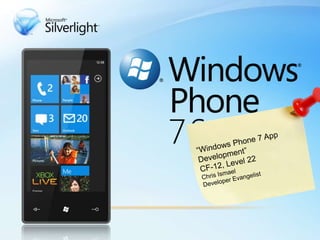 Silverlight MomentumBy the Numbers31 months since launch700m+downloads600,000+Developers & Designers375+ partners in35 countries400+Microsoft Products & WebsitesTens of Thousands of Apps across the worldwww.silverlight.net/showcase
