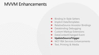 Layers Of Our ApplicationsPresentation logicUI (XAML)UI (XAML)OrdersUI (XAML)PeopleAppointmentsCode Behind (XAML.cs/vb)Code Behind (XAML.cs/vb)Code Behind (XAML.cs/vb)Not reusableHow to test?How to reuse?How can the designer update the UIHow to provide different viewsLaptop/DesktopTablet/Slate w/TouchPhoneModelsServicesJSONRIAEFPOCOXMLRESTWeb ServicesWeb ServicesWCFVehiclesTaxPersonVehicleCalendarPeopleSchedulesShippingOrdersDataSQL ServerOracleTelco SwitchesMedia Streams