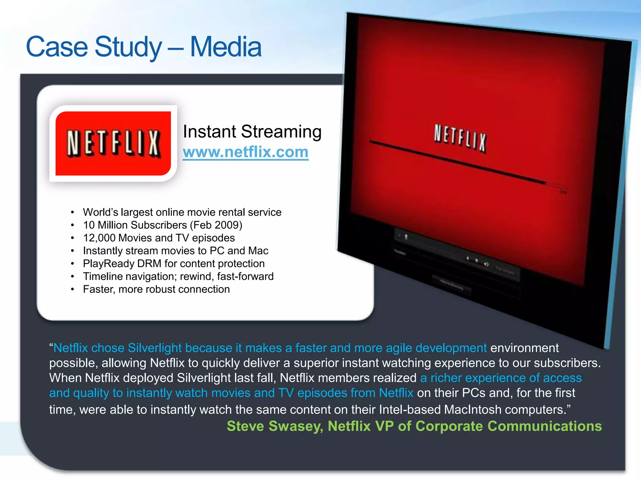 Live Chat and Real-time Statistics "NBC Sports is committed to bringing our viewers premier sporting events such as the Association of Volleyball Professionals (AVP) events, the Wimbledon Championships and the Olympic Games. NBC Sports has evaluated many different technologies for delivering high-quality experiences online, and none have delivered the video quality, scalability and business value that Microsoft Silverlight has consistently brought. As we look forward to the 2010 Olympic Winter Games in Vancouver as well as other major championships in 2010, we will be using Silverlight as the preferred technology to deliver the best in next-generation online high-definition video experiences.”Perkins Miller, SVP Digital Media, NBC Sports